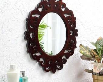 Decorative & Hand Crafted Wooden Wall Mirror In Walnut Finish (45 X 35 Cm)