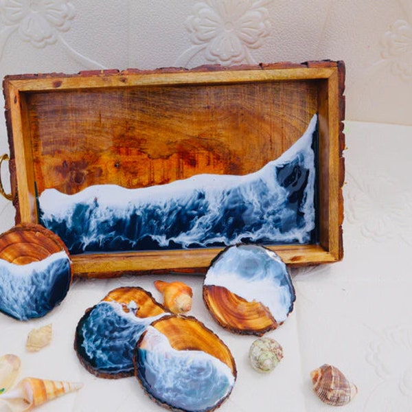 Resin Wooden ocean tray with real seashells, sea sand - ocean resin art bath tub tray, Blue Ocean Rectangle Epoxy Tray with set of 4 Coaster