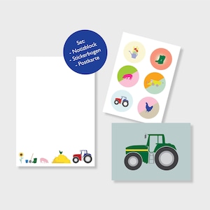 Bauernhof Notizblock, Trecker Postkarte & Aufkleber im Set