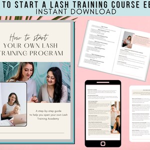 Könnte beinhalten: Ein digitales E-Book-Cover mit einem türkisfarbenen Hintergrund und dem Text "How to start YOUR OWN LASH TRAINING PROGRAM". Das Cover zeigt zwei Frauen in einer tropischen Umgebung, eine von ihnen trägt der anderen Wimpern auf. Der Text "A step-by-step guide to help you open your own Lash Training Academy" ist ebenfalls enthalten.