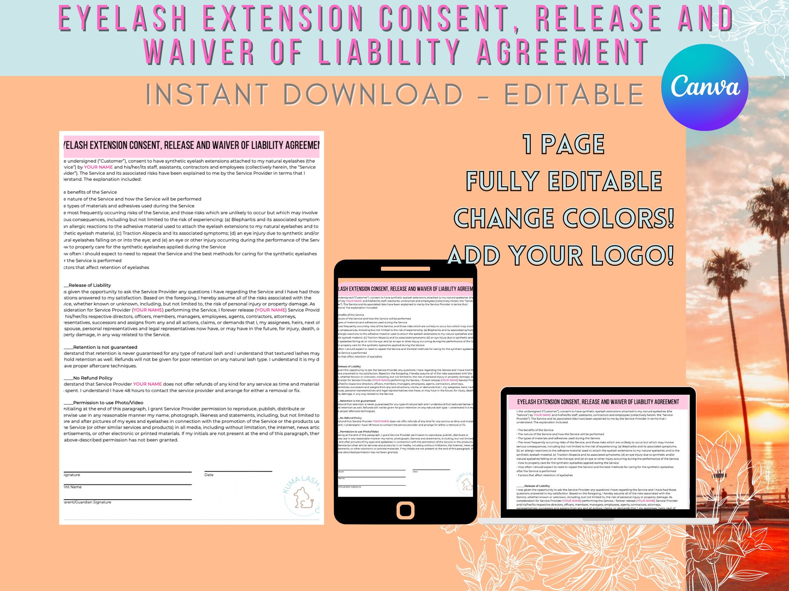 Editable Lash Extension Liability Waiver Release of Liability Etsy