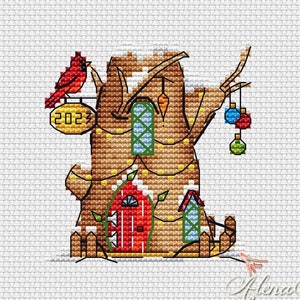 Tree House Cross Stitch Pattern Christmas Pattern Holiday PDF Pattern Bird Pattern Festive Pattern DMC Chart Printable PDF Instant Download