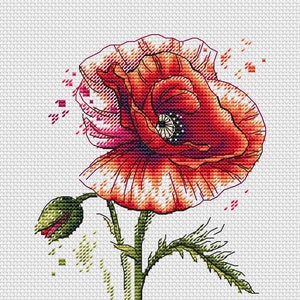Patrón de punto de cruz de amapola roja Patrón floral en PDF Patrón de flor roja Acuarela Gráfico DMC PDF imprimible Descarga instantánea