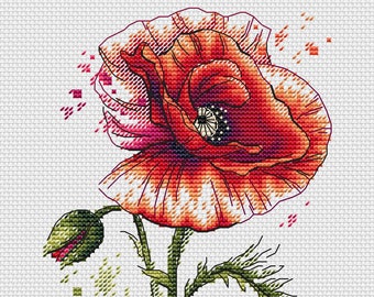 Modèle de point de croix aquarelle coquelicot, PDF floral (téléchargement numérique)