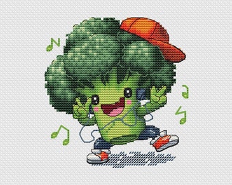 Funny Dancing Broccoli Cross Stitch Pattern, Cartoon PDF (Instant Download)