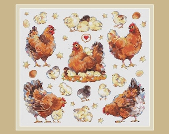 Chickens Cross Stitch Pattern Hens Pattern Chicks Cross Stitch Pattern Cute Pattern Birds Pattern DMC Chart Printable PDF Instant Download