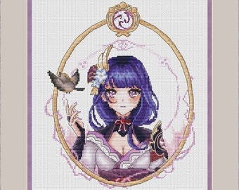 Raiden Cross Stitch Pattern Cute Girl Pattern Genshin Cross Stitch Pattern Fantasy Pattern Portrait DMC Chart Printable PDF Instant Download