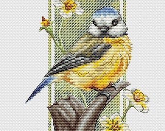 Titmouse Bird Cross Stitch Pattern, Floral Summer Design (PDF Download)