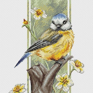 Titmouse Bird Cross Stitch Pattern, Floral Summer Design (PDF Download)