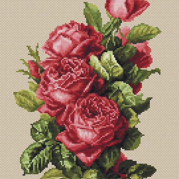 Red Roses Cross Stitch Pattern Floral Pattern Flowers Embroidery Roses Cross Stitch Bouquet Pattern DMC Chart Printable PDF Instant Download