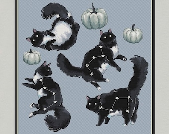 Patrón de punto de cruz de la constelación del gato negro, gatito esponjoso y calabazas (PDF)