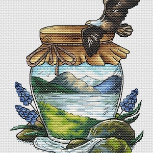 Kreuzstichmuster Bergsee Stickmuster Adler Bergsee Kreuzstichmuster Landschaftsmuster DMC Stickdatei DMC Stickdatei zum sofortigen Download