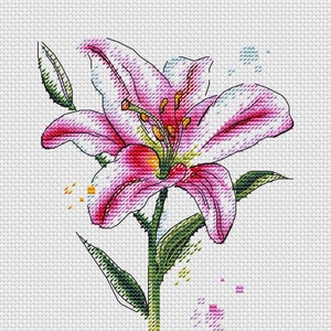 Patrón de punto de cruz de lirio rosa Patrón floral en PDF Patrón de flor rosa Acuarela Gráfico DMC PDF imprimible Descarga instantánea