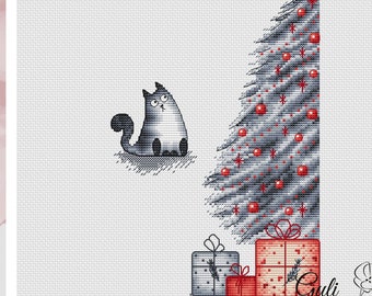 Christmas Cat Cross Stitch Pattern Cute Cat Pattern Grey Cat Embroidery Christmas Cross Stitch DMC Chart Printable PDF Instant Download