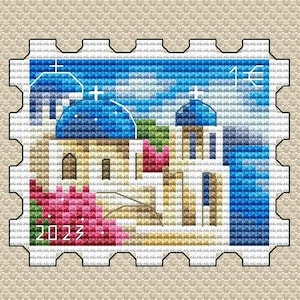 Patrón de punto de cruz de Grecia Patrón de sello postal Patrón de Santorini en PDF Patrón de viaje Patrón en miniatura Gráfico DMC PDF imprimible Descarga instantánea