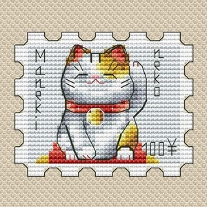 Motif de point de croix Maneki-Neko Motif de timbre-poste Motif PDF de chat porte-bonheur Petit motif Carte postale DMC imprimable PDF à téléchargement immédiat