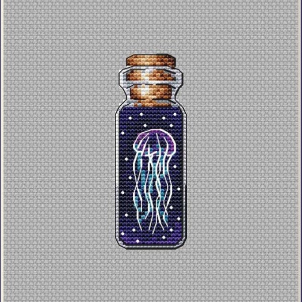 Jellyfish Cross Stitch Pattern Bottle Pattern Deep Sea PDF Pattern Easy Pattern Small Pattern Mini DMC Chart Printable PDF Instant Download