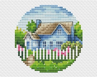 Patrón de punto de cruz de cabaña azul, casa de campo (patrón en PDF)