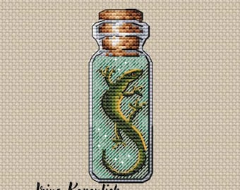 Patrón de punto de cruz de lagarto en botella: Mini gráfico fácil (patrón en PDF)