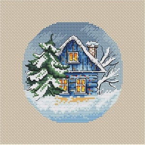 Blue House Cross Stitch Pattern Winter House PDF Pattern Cottage Embroidery Country House Pattern DMC Chart Printable PDF Instant Download