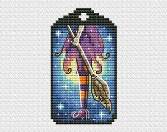 Witch on Broom Cross Stitch Pattern: Spooky Halloween Design (PDF Pattern)
