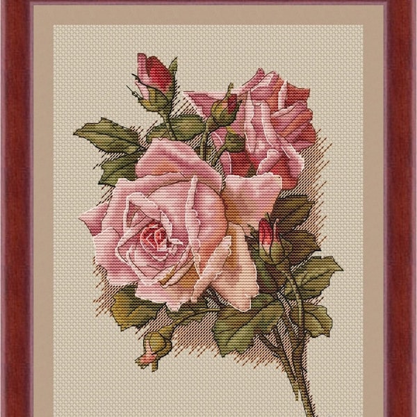 Roses Cross Stitch Pattern Floral PDF Pattern Flowers Embroidery Elegant Pattern Pink Rose Pattern DMC Chart Printable PDF Instant Download