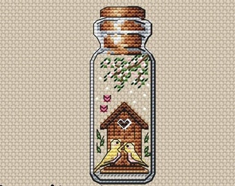Patrón de punto de cruz "Pájaros en una botella", gráfico fácil de primavera (PDF)