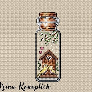 Birds Cross Stitch Pattern Bottle Pattern Spring Birds PDF Pattern Easy Pattern Small Pattern Mini DMC Chart Printable PDF Instant Download