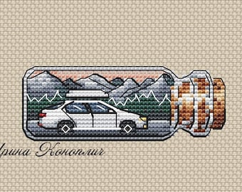 Patrón de punto de cruz de coche en una botella, diseño de viaje por carretera (patrón en PDF)