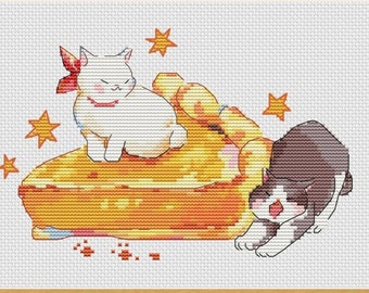 Patrón de punto de cruz de tarta de manzana con gatos divertidos (descarga en PDF)