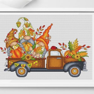 Thanksgiving Gnomes Cross Stitch Pattern Fall Gnomes PDF Pattern Truck Embroidery Autumn Pattern DMC Chart Printable PDF Instant Download