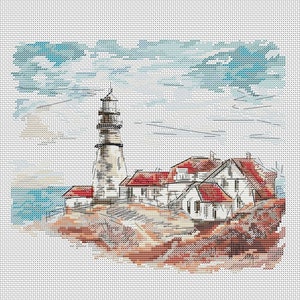 Old Lighthouse Cross Stitch Pattern Landscape Pattern Village PDF Pattern Lighthouse Pattern Sketch DMC Chart Printable PDF Instant Download