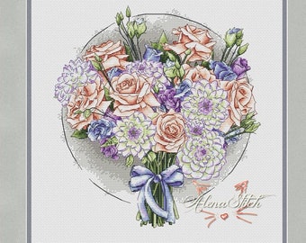 Patrón de punto de cruz floral: Ramo pastel, rosas y dalias (patrón PDF)