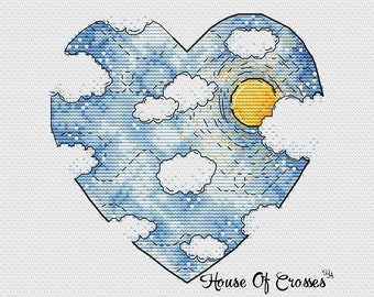 Sky Cross Stitch Pattern Heart Shape Pattern Clouds Embroidery Sun Cross Stitch Blue Sky Pattern DMC Chart Printable PDF Instant Download