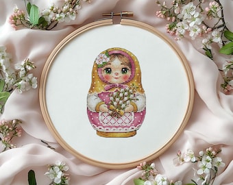 Patrón de punto de cruz Matryoshka Willow / Bordado de muñeca rusa (descarga digital)