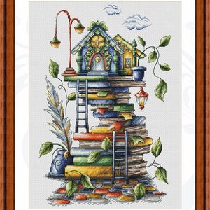 Books Cross Stitch Pattern House Pattern Fairytale Embroidery Fantasy Cross Stitch Cozy Pattern DMC Chart Printable PDF Instant Download