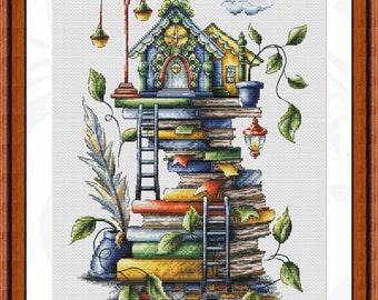 Books Cross Stitch Pattern House Pattern Fairytale Embroidery Fantasy Cross Stitch Cozy Pattern DMC Chart Printable PDF Instant Download