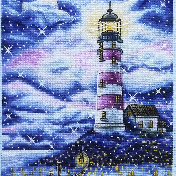 Lighthouse Cross Stitch Pattern Night Pattern Stars Embroidery Boat Pattern Landscape Pattern DMC Chart Printable PDF Instant Download