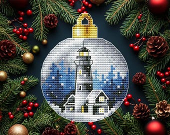 Padrão de Ponto Cruz para Enfeite de Natal com Farol de Inverno (Padrão em PDF)