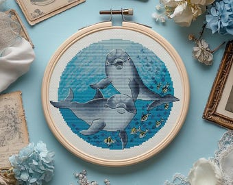 Dolphin Pair Cross Stitch Pattern, Aquatic Modern Design (PDF Pattern)