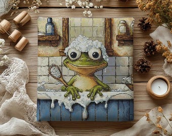 Motif grenouille relaxante au point de croix | Broderie amusante d'amphibiens se baignant (téléchargement PDF)