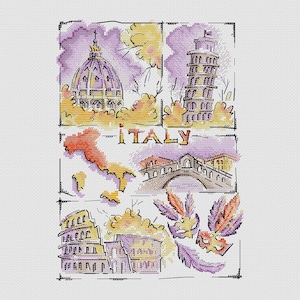 Italy Cross Stitch Pattern Coliseum PDF Pattern Leaning Tower Embroidery Modern Pattern Watercolor DMC Chart Printable PDF Instant Download