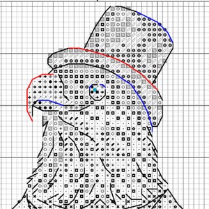 May include: A black and white cross stitch pattern on a grid featuring a stylized eagle head wearing a top hat. The design includes various geometric symbols, a red outline on the beak and hat brim, and a blue outline on the hat and eye area.