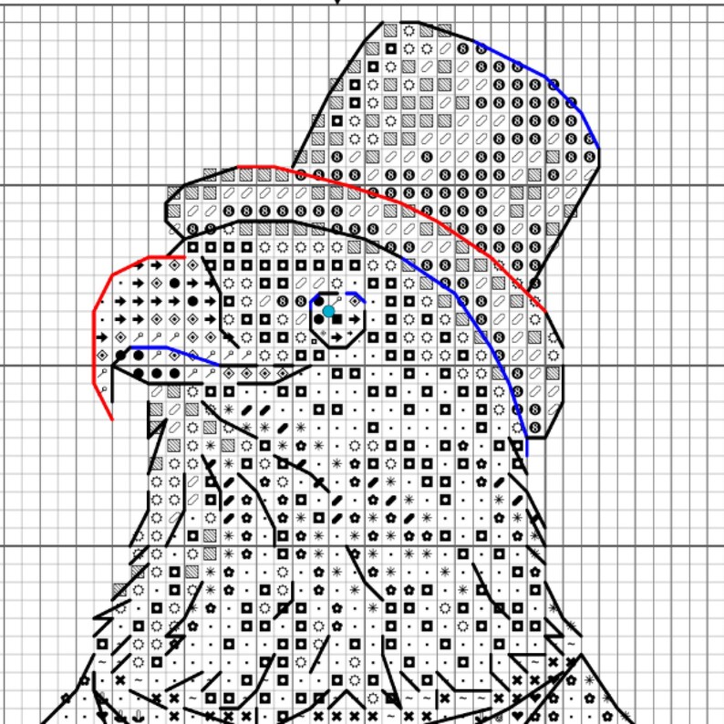 May include: A black and white cross stitch pattern on a grid featuring a stylized eagle head wearing a top hat. The design includes various geometric symbols, a red outline on the beak and hat brim, and a blue outline on the hat and eye area.
