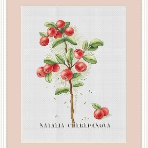 May include: Cross stitch pattern featuring a red berry branch with green leaves. The pattern is titled "Natalia Chiripanova".