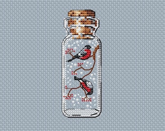 Bullfinches Cross Stitch Pattern Bottle Pattern Birds PDF Pattern Easy Pattern Small Pattern Mini DMC Chart Printable PDF Instant Download