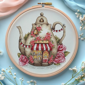 Tea House Cross Stitch Pattern: Vintage Tea Shop, Floral Teapot (PDF)