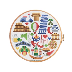 Italy Cross Stitch Pattern Italian Sampler PDF Pattern Round Sampler Embroidery Rome Cross Stitch Italy Sampler Pattern PDF Instant Download