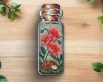 Patrón de punto de cruz de botella de amapolas y erizo (PDF)