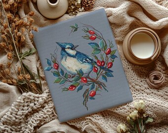 Blue Jay and Rosehip Cross Stitch Pattern - Bird & Berries (PDF Download)